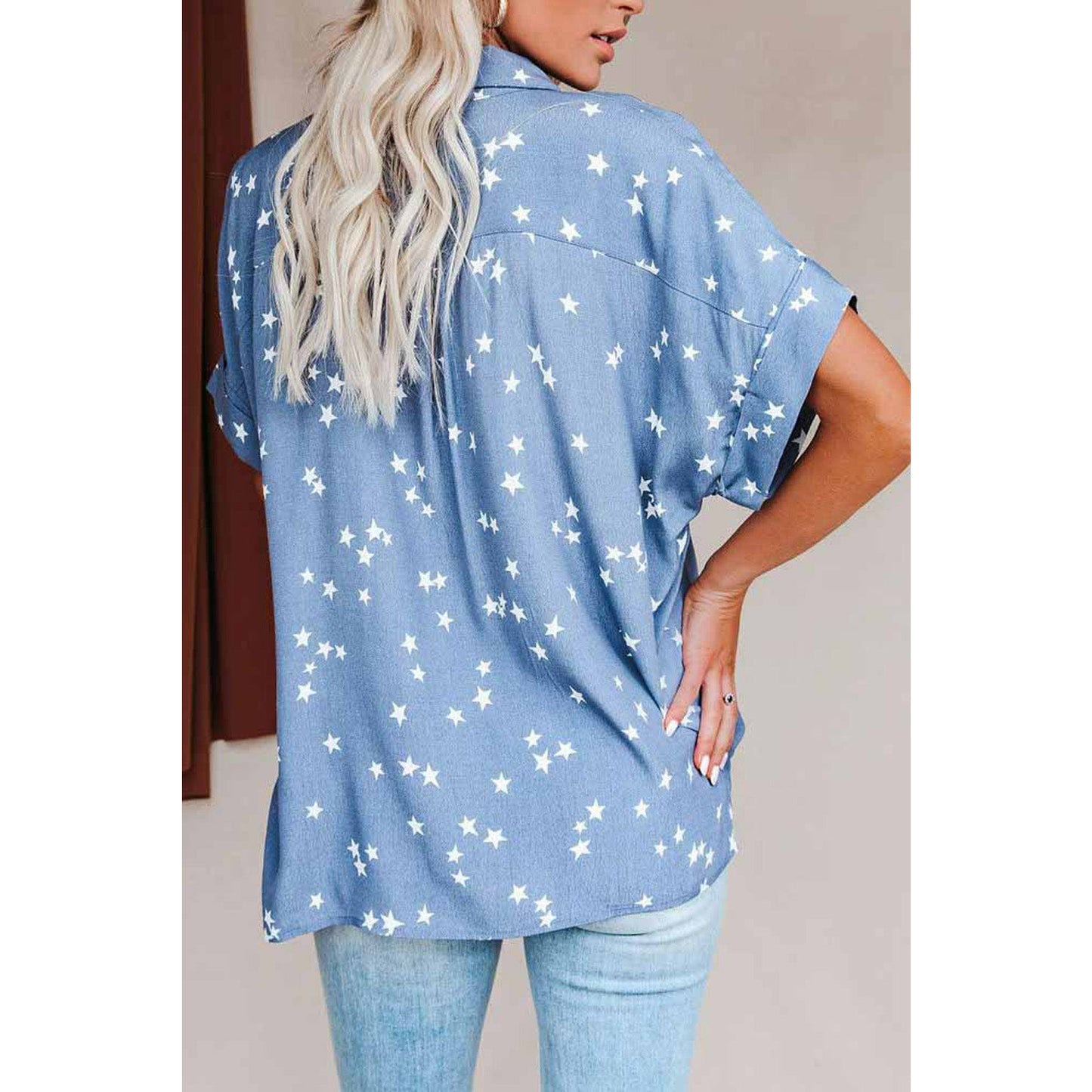 Sky Blue Stars Print Cuffed Sleeves Shirt