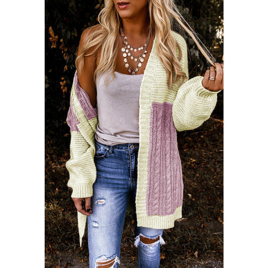 Color Block Open Front Cable Knitted Cardigan