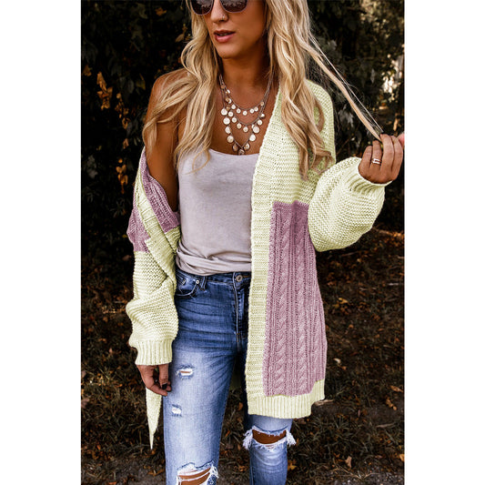 Color Block Open Front Cable Knitted Cardigan