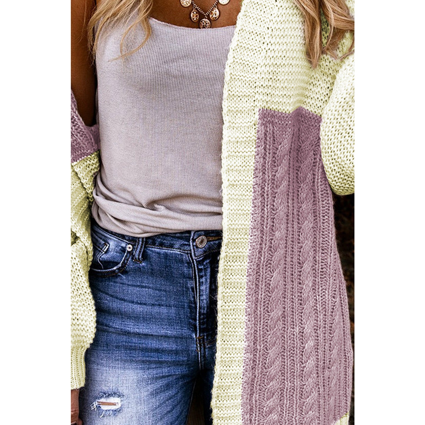 Color Block Open Front Cable Knitted Cardigan