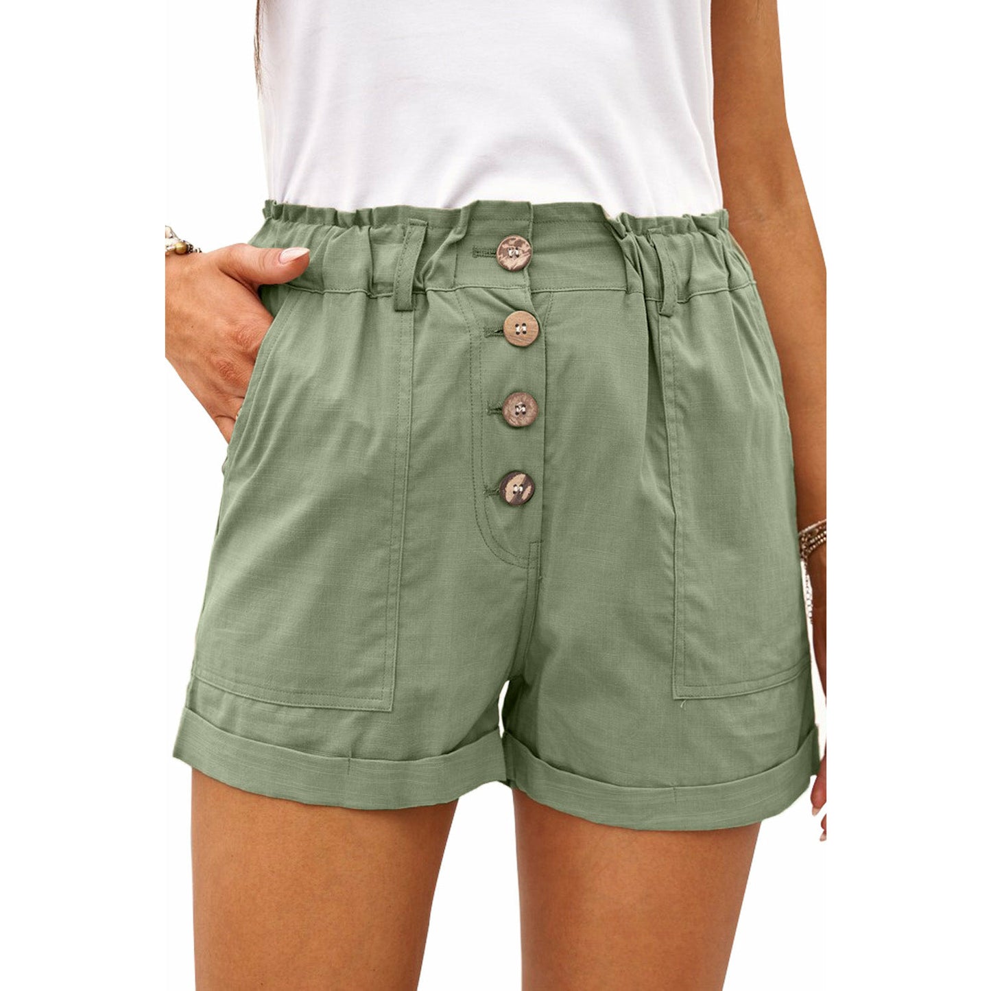 Army Green Cuffed High Waist Shorts