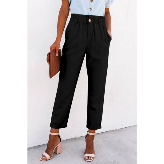 Black High Rise Paper Bag Waist Pocketed Casual Pants