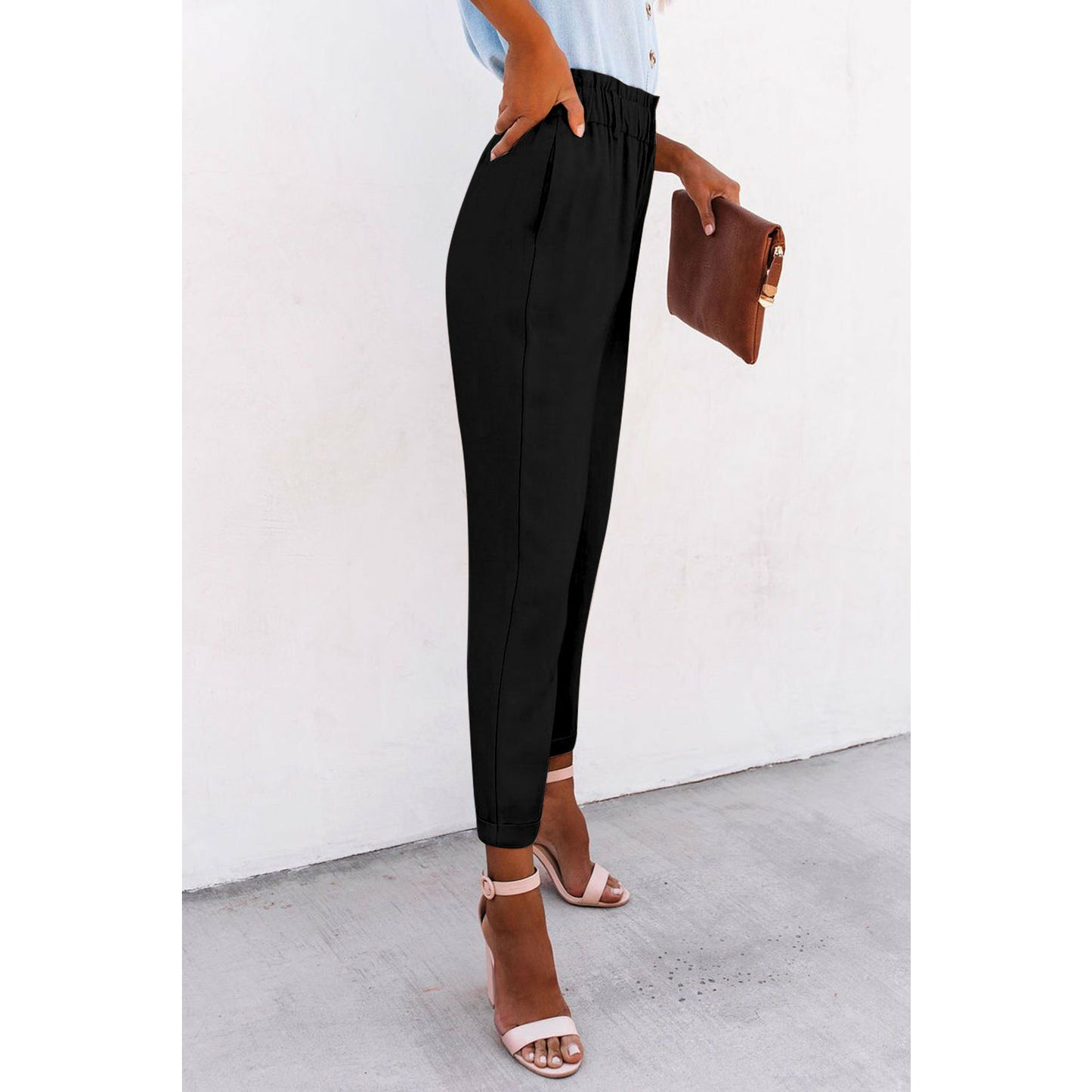 Black High Rise Paper Bag Waist Pocketed Casual Pants