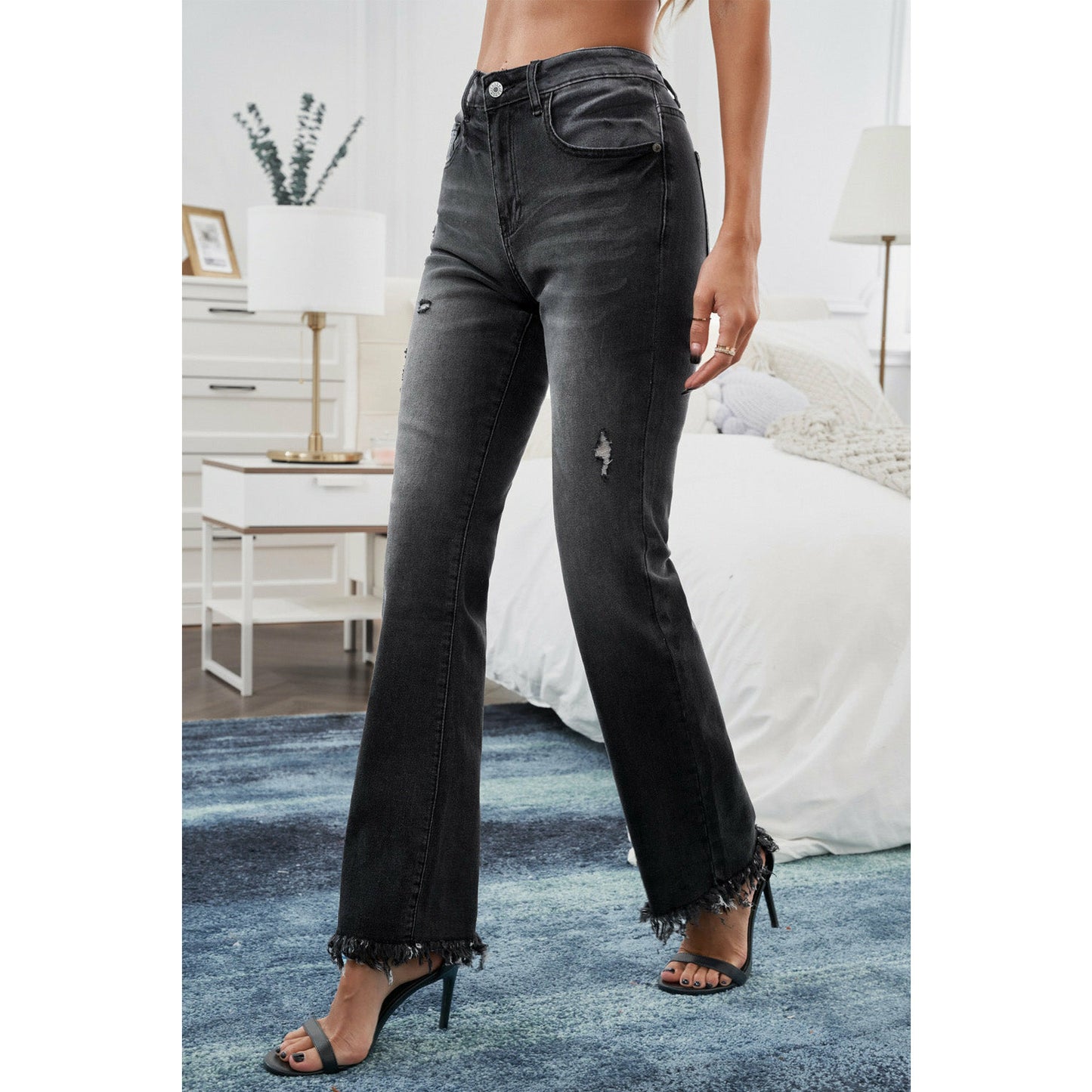 Black Raw Hem Straight Leg Jeans