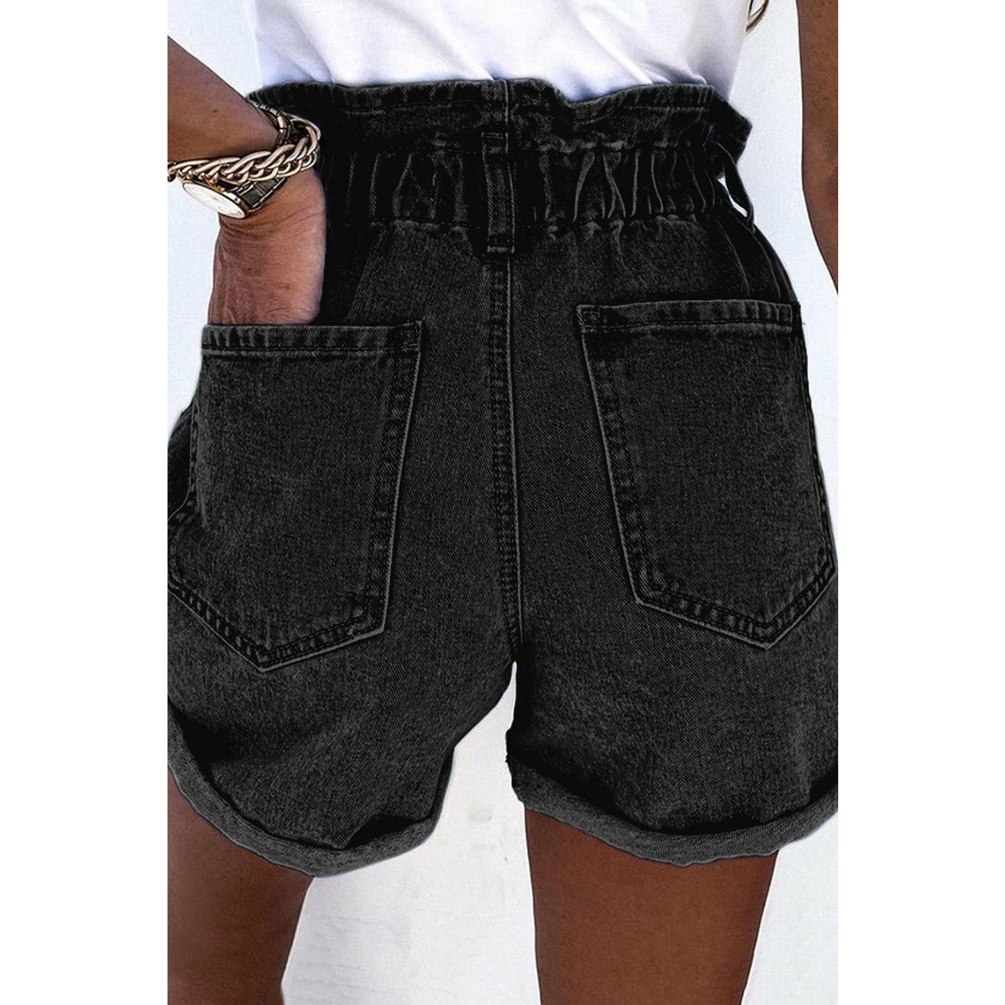 Black Ruffled High Waist Buttoned Denim Shorts