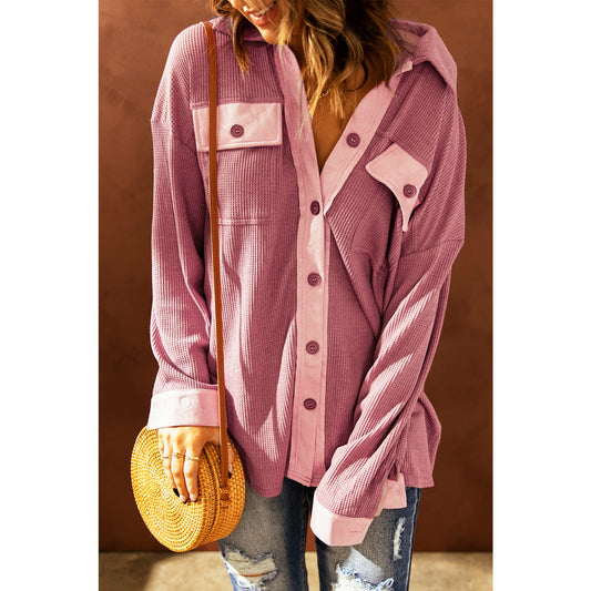 Ribbed Buttoned Long Sleeve Shacket