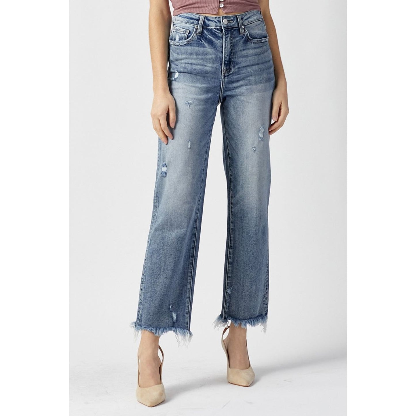 RISEN High Waist Raw Hem Straight Jeans