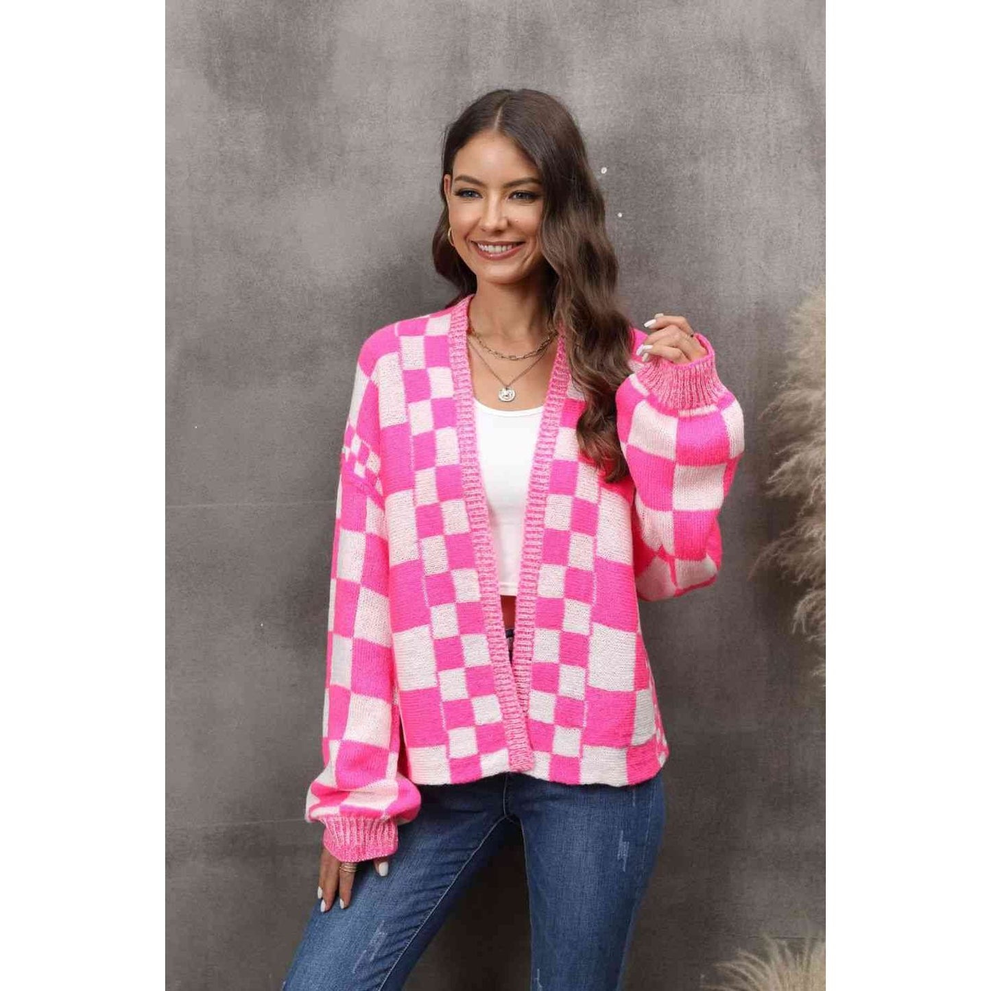 Heart Eyes Checkered Open Front Cardigan