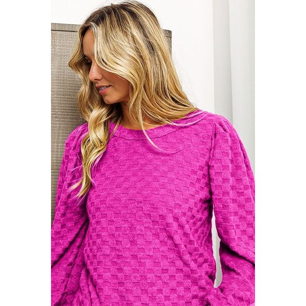Pretty In Pink Round Neck Brushed Checker Sweater