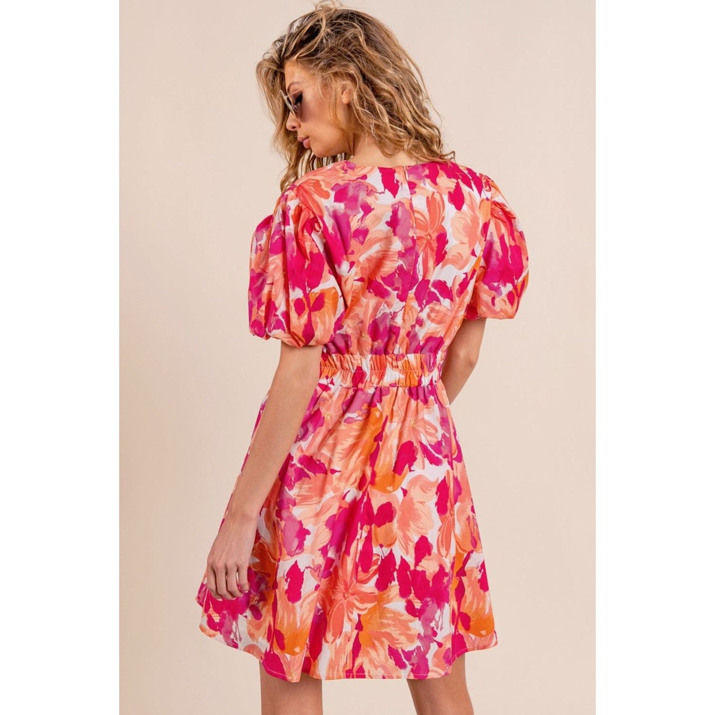 Just Peachy Floral V-Neck Puff Sleeve Mini Dress