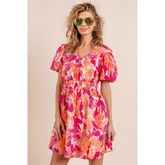 Just Peachy Floral V-Neck Puff Sleeve Mini Dress