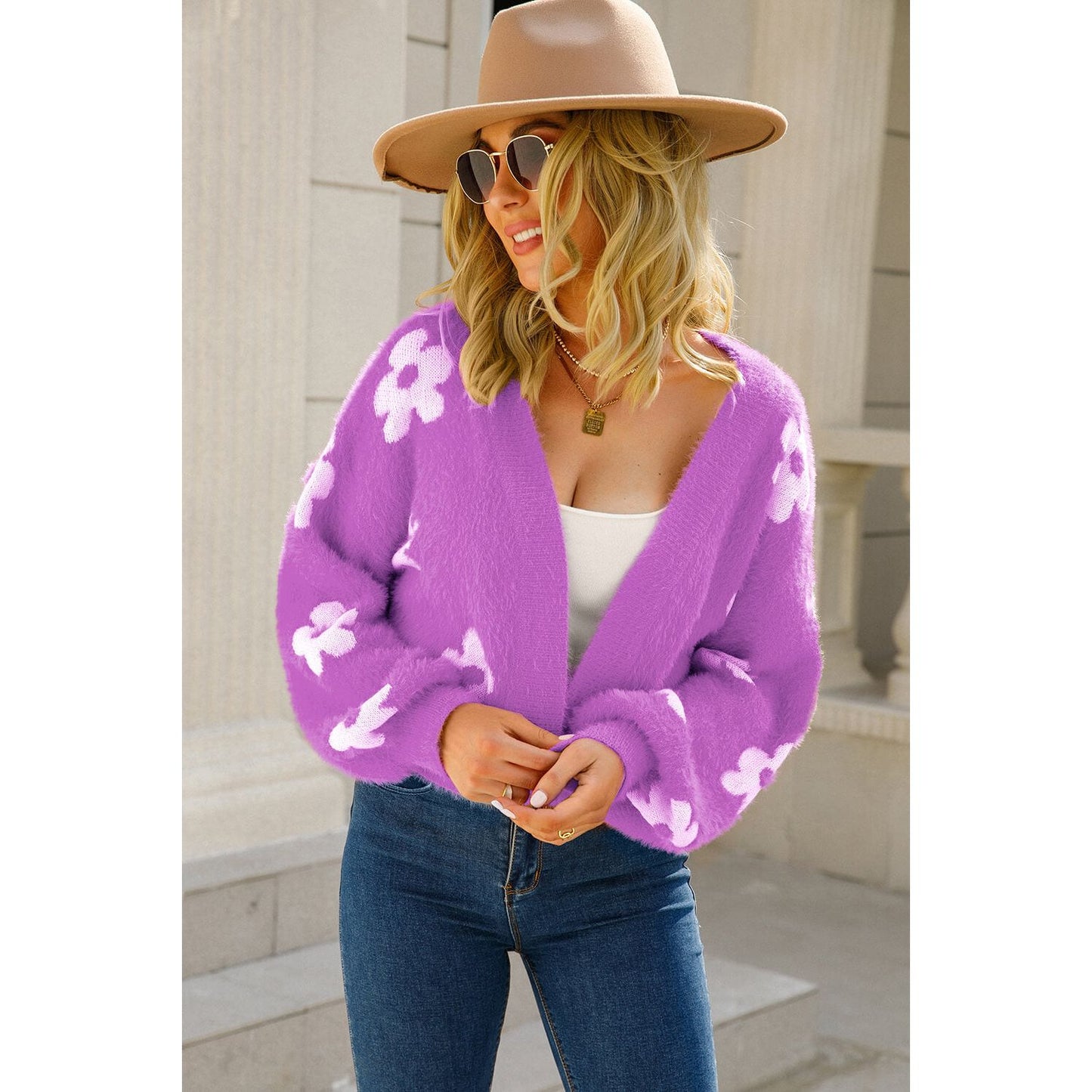 Floral Open Front Fuzzy Cardigan