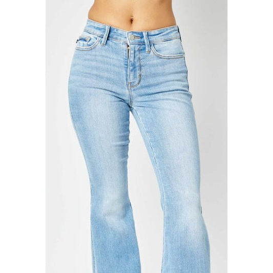 Judy Blue Full Size Mid Rise Raw Hem Slit Flare Jeans