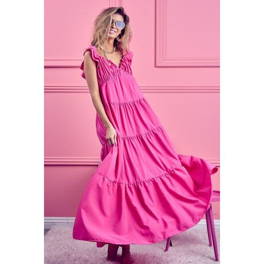 Pretty In Pink Tiered Ruffled Cap Sleeve Maxi Dress